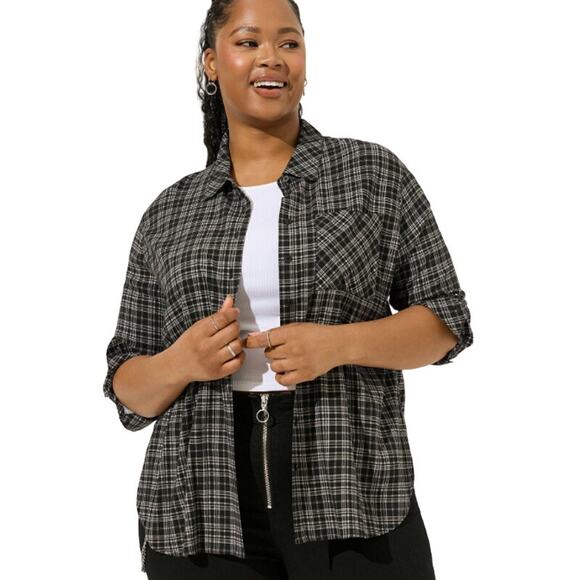 Torrid Rayon Slub Drop Shoulder Button-Front Shirt Party Plaid Deep Black 3X NWT - Picture 1 of 8